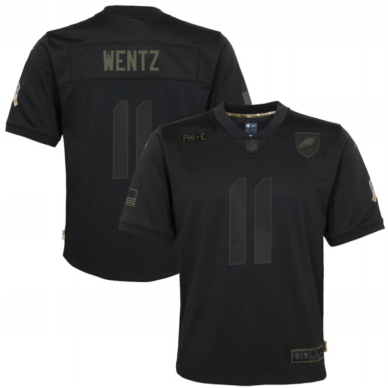 NFL Philadelphia Eagles #11 Carson Wentz Nike Youth 2020 Salute to Service Game  Black jerseys->youth nfl jersey->Youth Jersey